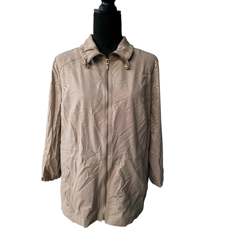 Zenergy By Chico's Womens Small 2‎ Jacket Beige/Gold Full Zip Roll Tab Sleeve A3